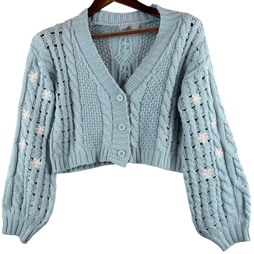 Sky & Sparrow Womens S Blue Cable Knit Cropped Cardigan Floral Embroidered Boho